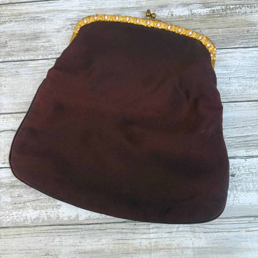 VTG 60s Garay Purse Clutch Brown Fabric Gold Flowers Rhinestone Kisslock MCM